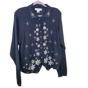VTG 90s ARRIVISTE | Embroidered Snowflakes | Black |  Cardigan | Size Large